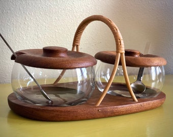 MCM Danish Teak Condiment Set with Wicker / Danish Modern Decor / Housewarming Gift / Bar Ware / Nut Dishes / Jam Dishes / Wedding Gift /