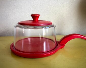 Rare Vintage Red Wood & Glass Cheese Keeper / Swedish Wooden Cheese Board With Glass Cloche / Entertaining / Gift / Scandinavian Design /