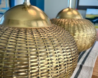 Pair of Hollywood Regency Chapman Brass Basket Weave Table Lamps / Mid Century Lighting / Vintage Table Lamps