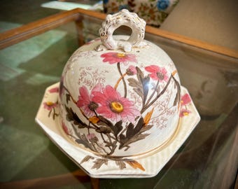 Franz Anton Mehlem Royal Bonn Cheese or Butter Keeper with Floral Transferware Design and Gilt Handle Made in Bonn Germany Circa 1880-1920