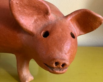 Large Handmade Terracotta Piggybank / Unglazed Mexican Piggy Bank / Porcine Collectible / Rare Piggyback / Mexican Art / Pig Sculpture