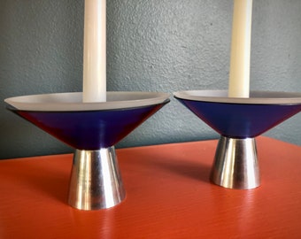 Vintage Modern Decor Pewter Candleholders With Blue and White Drip Catchers / Mid Mod Decor / Estonia Made / Entertaining / Gift / Dining /