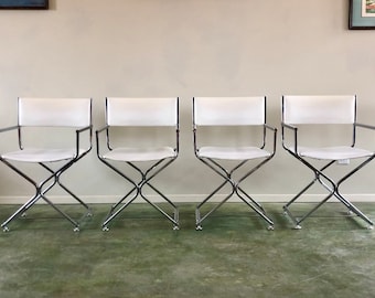Four Chrome Leatherette Directors Chairs In The Style Of Milo Baughman / Alesando Albrizzi / Post Modern Campaign Chairs / Mid Century /
