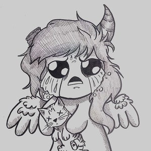 May include: A black and white pen and ink illustration of a crying character with horns, wings, and large eyes, holding a dead cat. The character is drawn in a cartoon style, with tears streaming down its face. The cat has an X over its eyes.