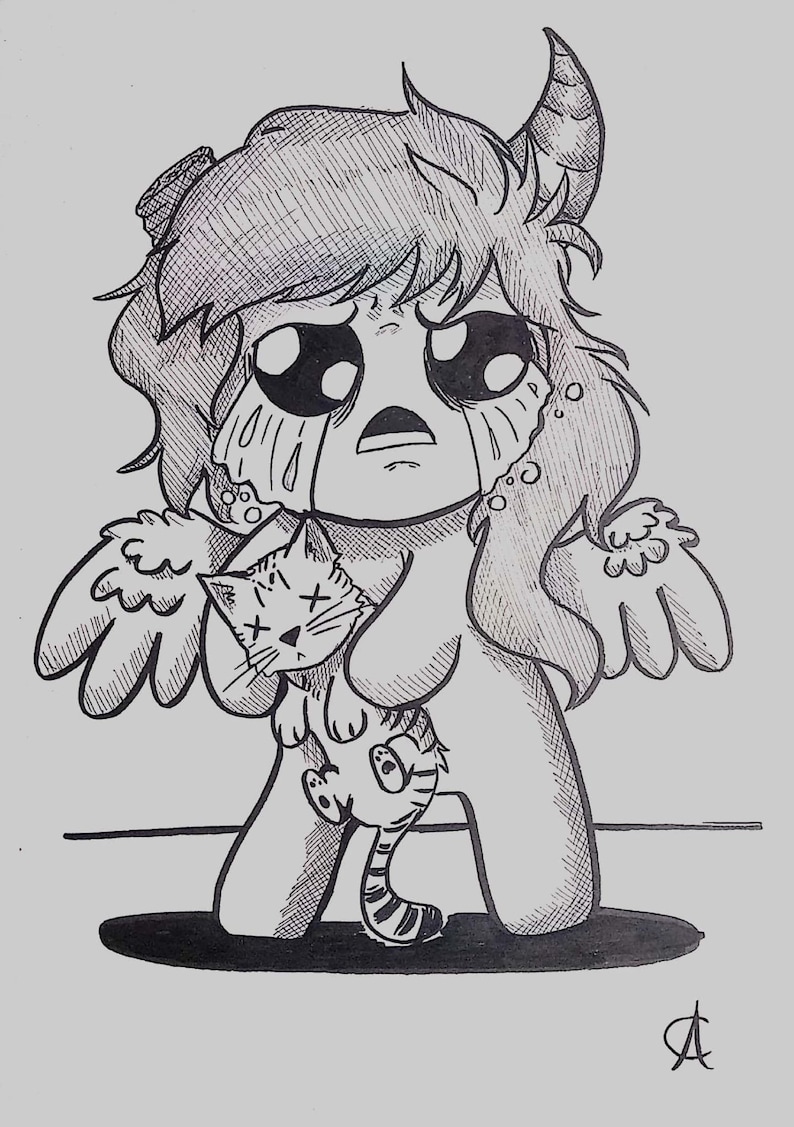 May include: A black and white pen and ink illustration of a crying character with horns, wings, and large eyes, holding a dead cat. The character is drawn in a cartoon style, with tears streaming down its face. The cat has an X over its eyes.