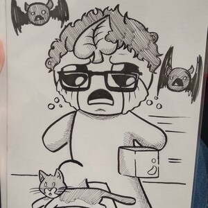 May include: Black and white ink illustration of a crying figure wearing glasses, with two bats and a cat. The figure holds a box with a teardrop shape. The cat is running. The art style is reminiscent of a cartoon.