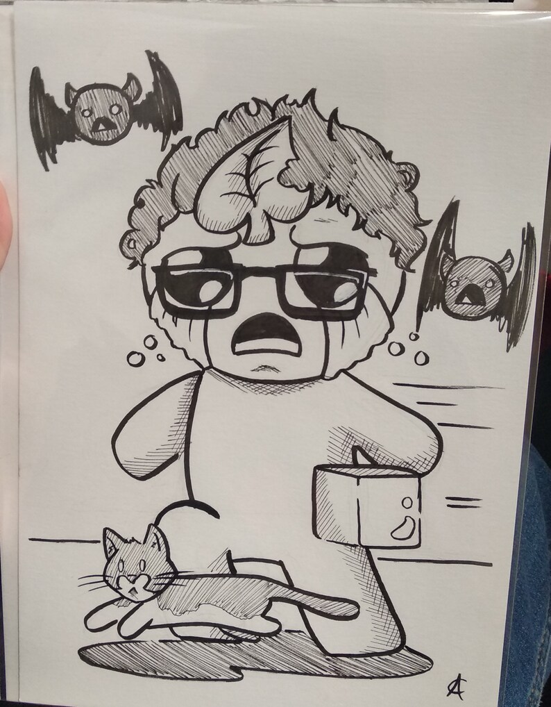 May include: Black and white ink illustration of a crying figure wearing glasses, with two bats and a cat. The figure holds a box with a teardrop shape. The cat is running. The art style is reminiscent of a cartoon.