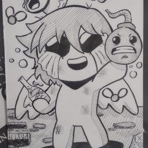 May include: Black and white illustration of a cartoon character with a bomb, bottle, and angel wings. The character has large eyes and is crying. The background includes floating objects and a textured surface.