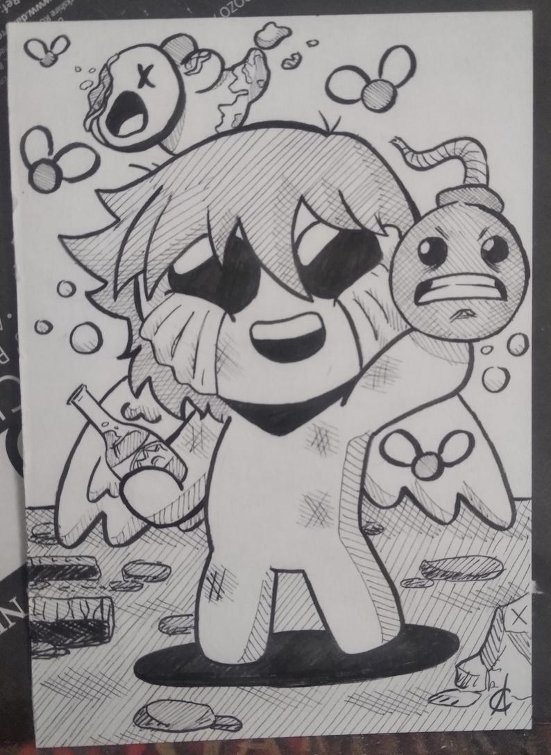 May include: Black and white illustration of a cartoon character with a bomb, bottle, and angel wings. The character has large eyes and is crying. The background includes floating objects and a textured surface.