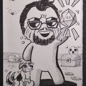 May include: Black and white ink illustration of a cartoon character holding a die with the number 20. A dog with a heart sits nearby. A treasure chest and coins are also depicted. Flies are buzzing around the character.