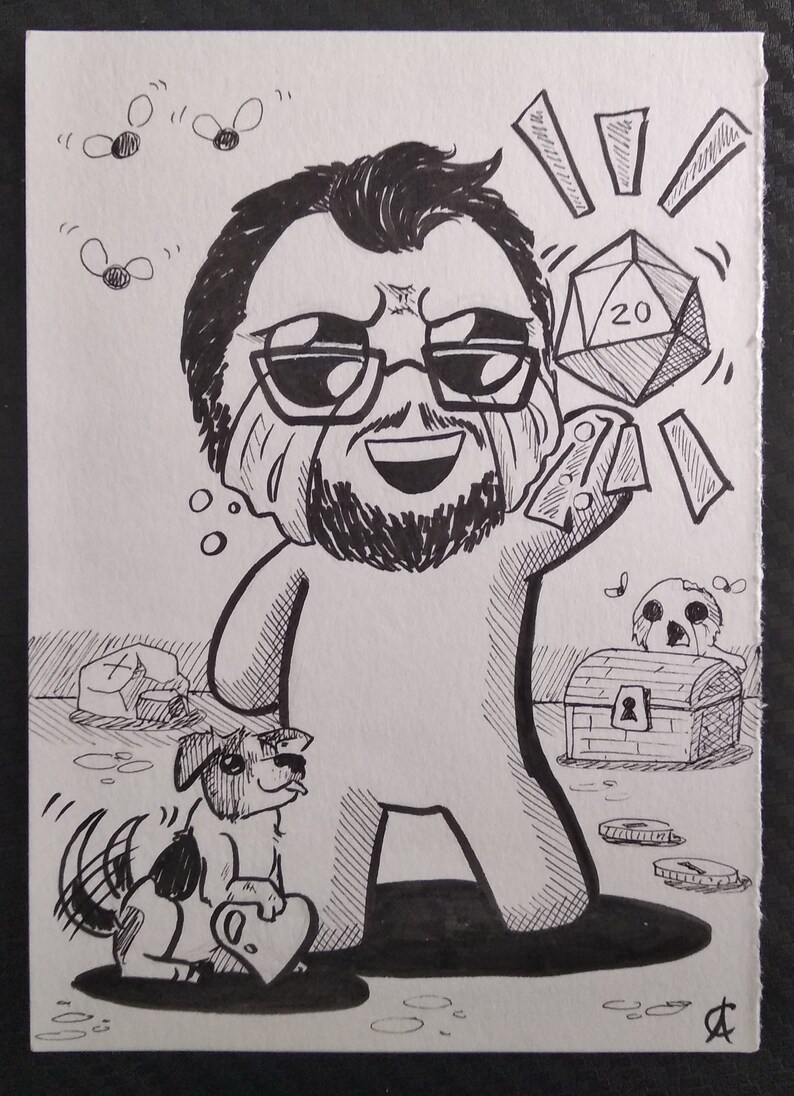 May include: Black and white ink illustration of a cartoon character holding a die with the number 20. A dog with a heart sits nearby. A treasure chest and coins are also depicted. Flies are buzzing around the character.