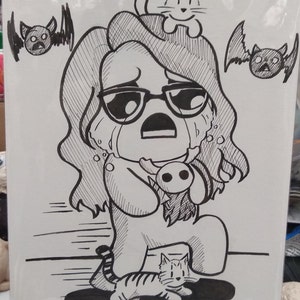 May include: Black and white illustration of a cartoon character with glasses, crying, and holding a doll. A cat sits on the character's head, and another cat and two bats are also in the image. The artwork is a line drawing.