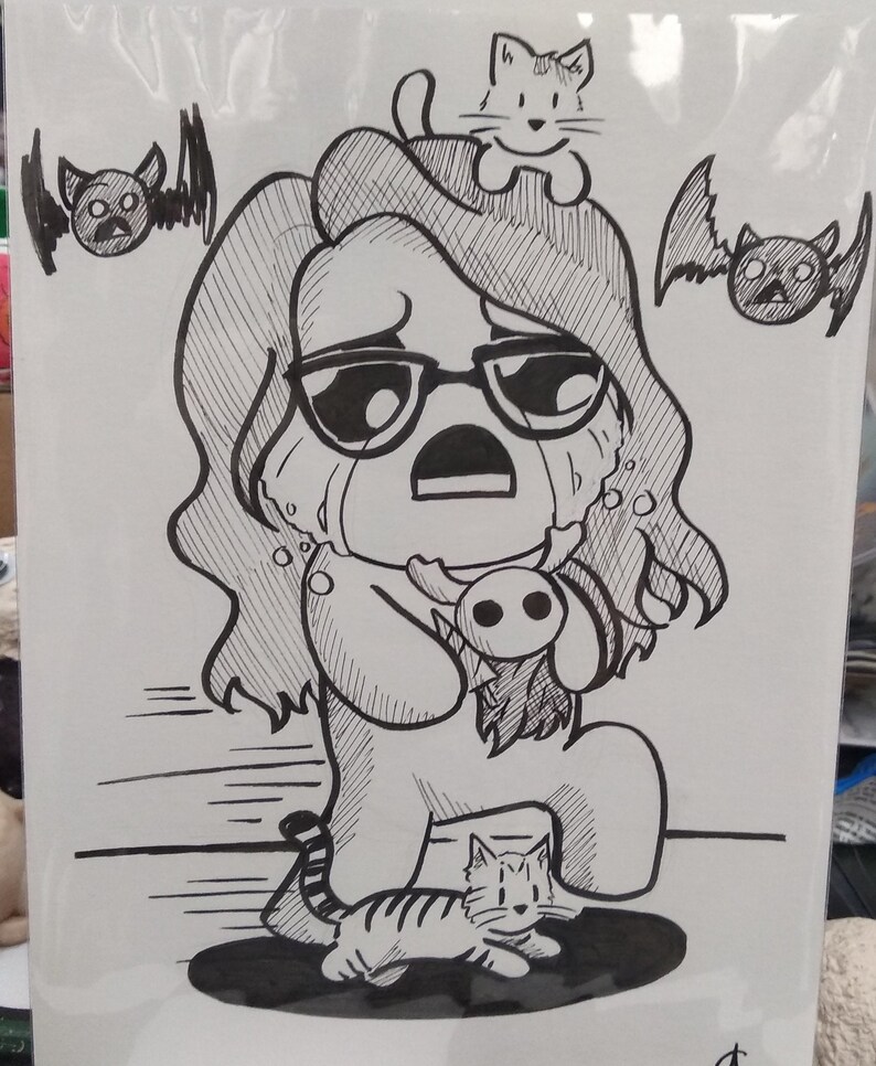 May include: Black and white illustration of a cartoon character with glasses, crying, and holding a doll. A cat sits on the character's head, and another cat and two bats are also in the image. The artwork is a line drawing.