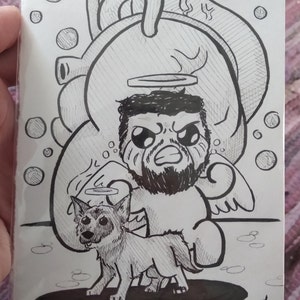 May include: Black and white illustration of a cartoon character with a halo, wings, and an angry expression, accompanied by a dog. The artwork is surrounded by bubbles and is signed with the initials "A C".