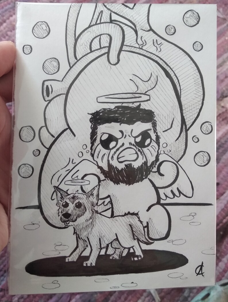 May include: Black and white illustration of a cartoon character with a halo, wings, and an angry expression, accompanied by a dog. The artwork is surrounded by bubbles and is signed with the initials "A C".