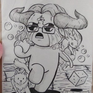 May include: Black and white ink drawing of a cartoon character with horns, glasses, and a sad expression. A small creature and a wolf-like animal are also depicted. Bubbles and a die are in the background. The art style is reminiscent of a comic book.
