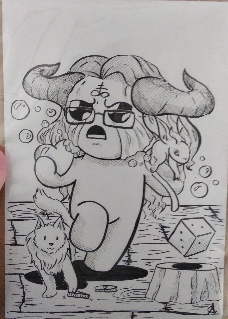 May include: Black and white ink drawing of a cartoon character with horns, glasses, and a sad expression. A small creature and a wolf-like animal are also depicted. Bubbles and a die are in the background. The art style is reminiscent of a comic book.