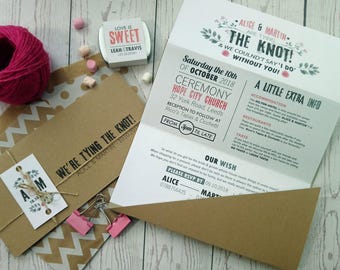 Vintage Pink Flowers Tri Fold Wedding Invitation Flowery Nature Rustic Invite