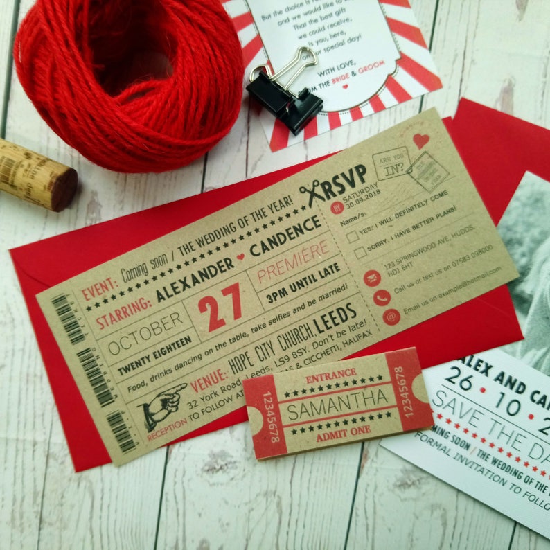 Movie Craft Ticket Wedding Invitation Vintage Retro Cinema Etsy