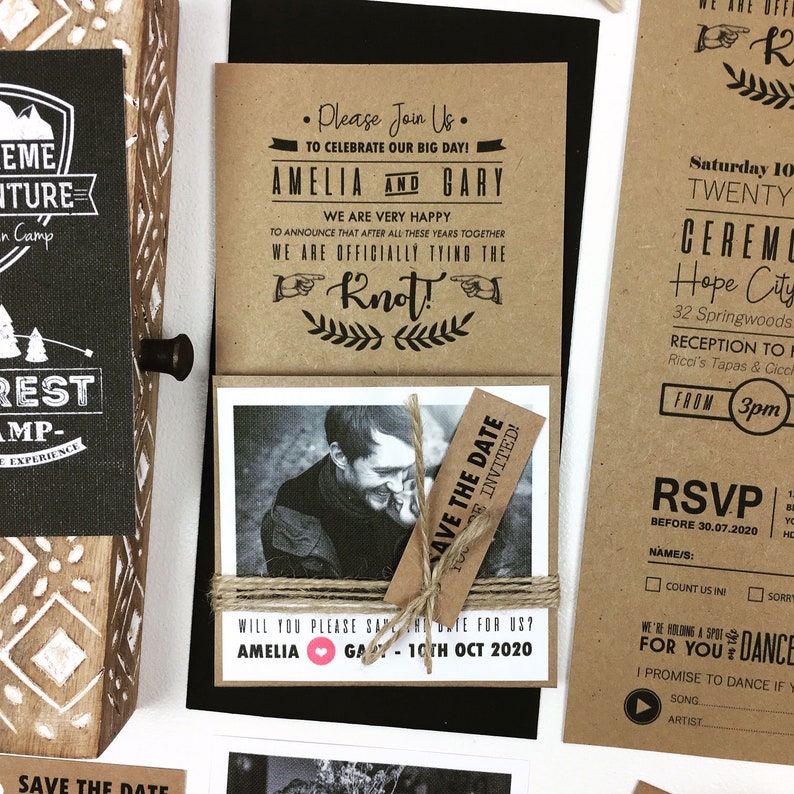 100 x Rustic Craft Photo Wedding Invitation with Black and White Picture