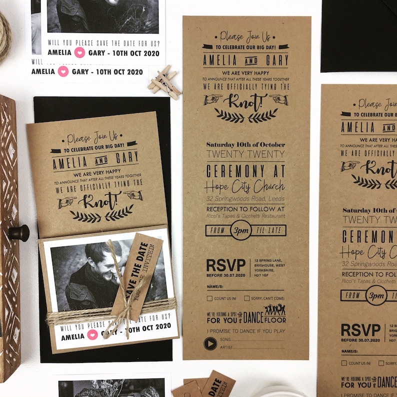 100 x Rustic Craft Photo Wedding Invitation with Black and White Picture