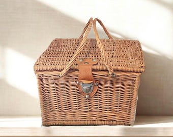 Vintage Large Wicker Basket with Hinged Lid – Leather Strap Closure – 16"x15"x10" Storage – Cottagecore Natural Home Organizer