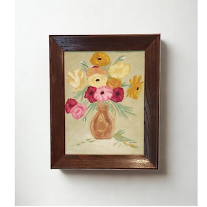 Vintage Floral Still Life Painting – Rustic Farmhouse Wall Art – Mid Century Bouquet in Vase – Cottagecore Country Home Decor