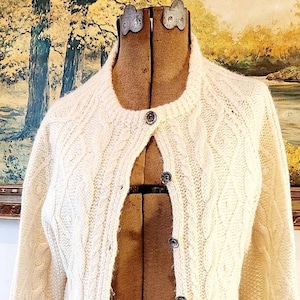 Vintage Cottage Fisherman Sweater, Thick Cream Knit, Metal Button Cardigan