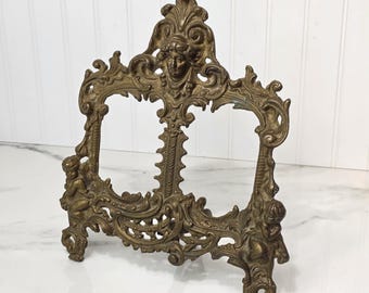 Heavy antique brass double photo frame ornate Victorian style tabletop frame 3.75 x 5 cast metal old world décor