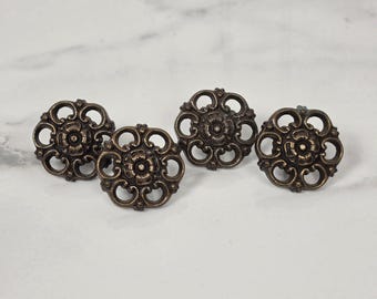 Vintage Salvaged Drawer Knobs Set, Ornate Brass Tone Cabinet Pulls, Old World Furniture Hardware