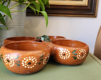 Vintage Mexican Folk Art Pottery Divided Bowl 4-in-1 Bowl Hand Painted 8.5"