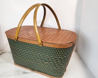 Vintage Woven Picnic Basket Green Wood Handles Cottagecore Market Basket Old World Decor Heirloom Style Storage