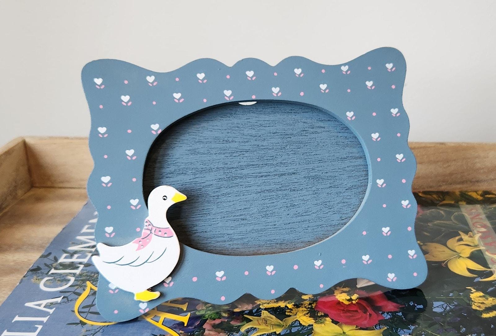 Vintage Goose Duck Wood Picture Frame – Blue Polka Dots – 3.5x5 Photo – Cute!