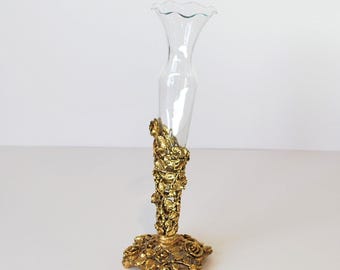 Vintage Stylebuilt gold metal bud vase 9.25 inch glass insert rococo floral vanity decor Hollywood Regency cottagecore display piece