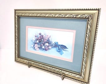 Wall art vintage floral framed print gold ornate frame pastel bouquet romantic floral decor cottagecore chateaucore shabby chic