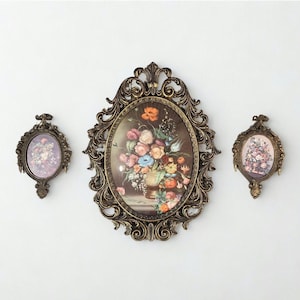Vintage Italian Floral Wall Art Trio Gold Frames Made in Italy Romantic Decor