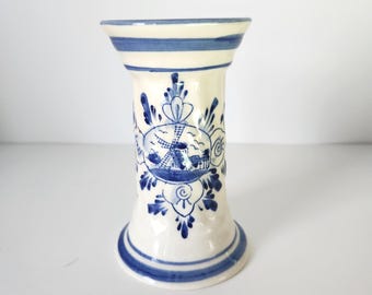 Vintage blue white Delft style windmill candlestick holder 5 inch Dutch pottery farmhouse cottagecore decor hand painted ceramic
