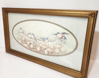Vintage Framed Bird Print Gold Plastic Frame Cottagecore Wall Art Shabby Chic Floral Bird Picture Decor