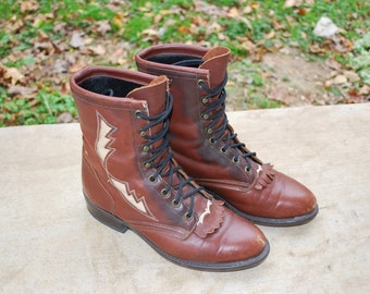 Vintage Laredo Brown Leather Boots, Women’s Size 7 M, Cream Detail, Comfortable Western Style, USA Made, Rustic Vintage Charm