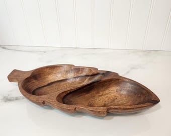 Vintage 12" Wood Leaf Divided Bowl Made in Philippines Hand-Carved Trinket Dish