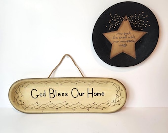 Primitive wall decor set Barbara + Lloyd folk art star sign and God Bless Our Home plaque rustic country farmhouse wall hanging set