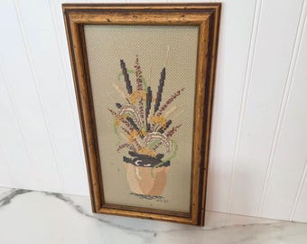 Vintage Floral Cross Stitch, Framed Potted Flower Needlework, 1983 Cottage Wall Decor