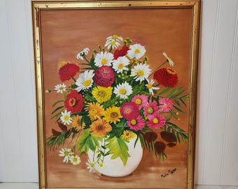 Vintage Painting Floral Still Life Framed Original Flower Art Cottagecore Wall Art Decor Colorful Bouquet Painting