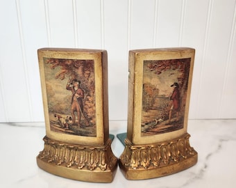 Vintage Borghese Bookends Pair Hunting Scene Library Decor English Country Shelf Decor