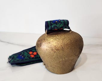 Vintage Cast Metal Bell Gold Tone Hanging Bell Folk Strap Cottagecore Old World Decor Collectible Cow Bell