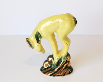 Vintage ceramic deer bud vase 6.5″ yellow green gold midcentury woodland pottery cottagecore decor animal vase gift idea
