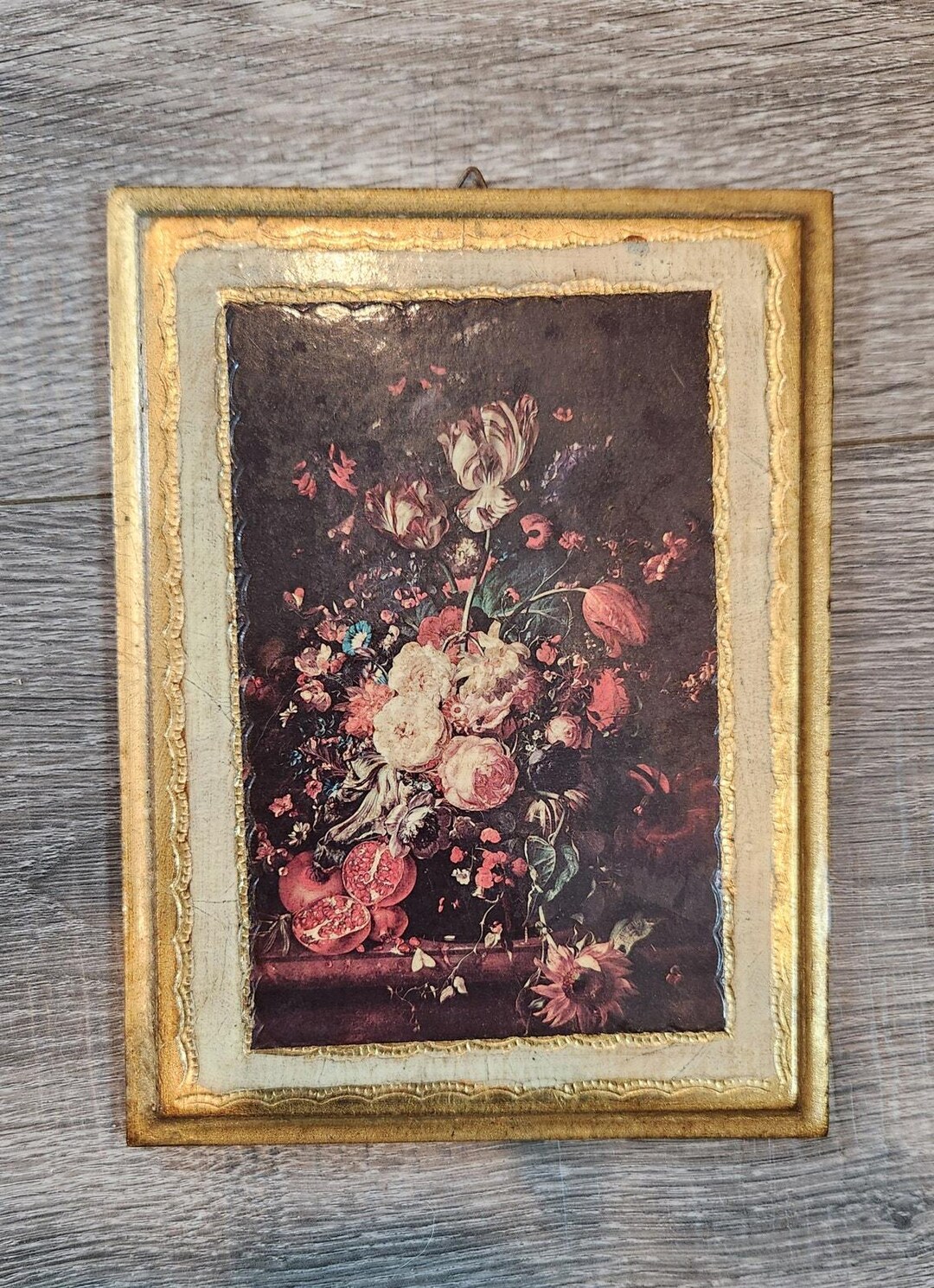 Vintage Italian Florentine Wood Plaque Floral Print 5.5” X 4.5” Wall ...