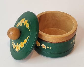 Hand painted wooden trinket box green yellow floral folk art round storage container cottagecore decor small vintage container