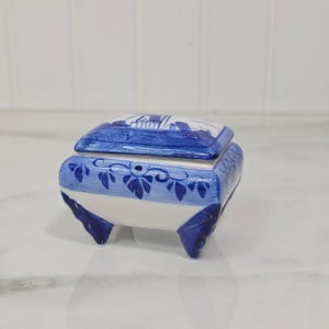 Vintage Delft Blue Miniature Trinket Box, Hand Painted Windmill Ceramic Box, Small Blue White Keepsake Dish