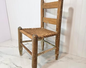 Vintage Kids Chair, Chippy Wood Chair with Woven Seat, Primitive Farmhouse Display Chair Decor